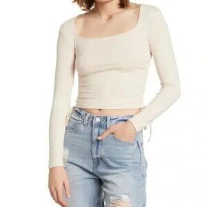 Elodie BNWOT womens beige long sleeve top sz XLarge side ruched tie up